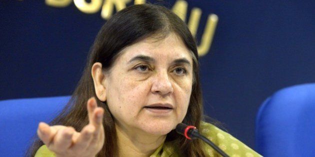 NEW DELHI,INDIA SEPTEMBER 17: Union Cabinet Minister for Women & Child Development Maneka Sanjay Gandhi addressing a press conference in New Delhi.(Photo by Yasbant Negi/India Today Group/Getty Images)