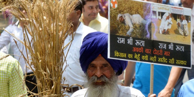 NEW DELHI,INDIA APRIL 27: Indian farmers and Youth Congress party activists protest against the government. The protestors alleged the government was not supporting farmers who lost their crop to unseasonal rains and hailstorms in several Indian states.(Photo by K.Asif/India Today Group/Getty Images)