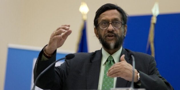 The head of the UN's climate science panel (Intergovernmental Panel on Climate Change - IPCC) Rajendra Pachauri speaks during a climate conference in Paris on November 5, 2014. AFP PHOTO / KENZO TRIBOUILLARD (Photo credit should read KENZO TRIBOUILLARD/AFP/Getty Images)