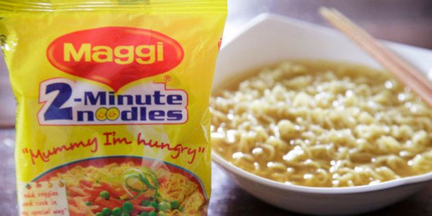 A packet and a cooked bowl of Maggi 2-Minute Noodles, manufactured by Nestle India Ltd., are arranged for a photograph in New Delhi, India, on Monday, June 15, 2015. Nestle SA said the U.S. Food and Drug Administration is testing samples of imported Maggi noodles after the worlds largest food company halted sales in India when regulators said they contained unhealthy levels of lead. Photographer: Kuni Takahashi/Bloomberg via Getty Images