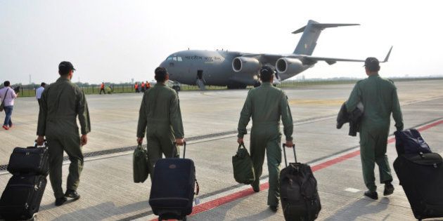 GHAZIABAD, INDIA - APRIL 7: Globemaster C-17 stationed at Hindon Air Force Station on April 7, 2015 in Ghaziabad, India. As part of a massive rescue operation, three C-17 Globemaster aircraft of Indian Air Force have clocked nearly 150 flying hours in the last few days bringing back over 1,300 Indians from Djibouti after their evacuation from strife-torn Yemen. (Photo by Sakib Ali/Hindustan Times via Getty Images)