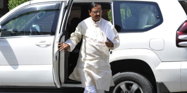 NEW DELHI, INDIA - JUNE 10: Union Tourism Minister Mahesh Sharma arrives to attend Cabinet meeting at PMO office on June 10, 2015 in New Delhi, India. The government has decided to import pulses in large quantities to check rising prices of the commodity. The cabinet also approved Rs.6,000 crore interest free loan to sugar mills to make payments to sugarcane farmers. (Photo by Vipin Kumar/Hindustan Times via Getty Images)