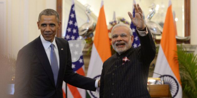 NEW DELHI, INDIA JANUARY 26: Prime Minister Narendra Modi and US President Barack Obama at a joint press conference at Hyderabad House in New Delhi.(Photo by Pankaj Nangia/India Today Group/Getty Images)