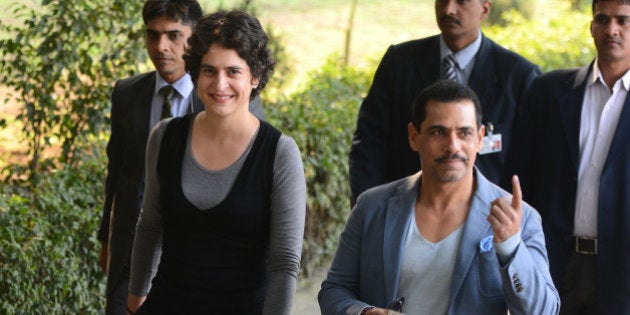 NEW DELHI, INDIA FEBRUARY 8: Robert Vadra and Priyanka Gandhi after casting the vote in New Delhi.(Photo by Parveen Negi/India Today Group/Getty Images)