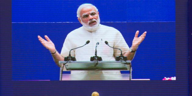 Indian Prime Minister Narendra Modi speaks at a national meet on âPromoting Space Technology based Tools and Applications in Governance and Developmentâ in New Delhi, India, Monday, Sept. 7, 2015. (AP Photo/ Manish Swarup)
