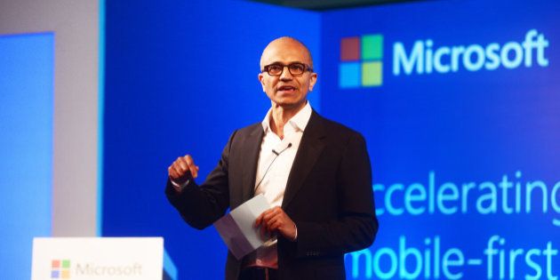 NEW DELHI, INDIA - SEPTEMBER 30: Satya Nadella, Chief Executive Officer of Microsoft, speaking to media at ITC on September 30, 2014 in New Delhi, India. (Photo by Ramesh Pathania/Mint via Getty Images)