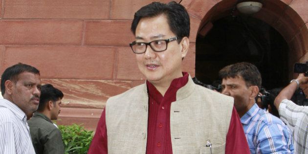NEW DELHI, INDIA - JULY 31: Union Minister of State for Home Affairs Kiren Rijiju at Parliament house during the Monsoon Session, on July 31, 2015 in New Delhi, India. Some business was conducted today in the Lok Sabha which has been witnessing disruptions ever since the Monsoon session began on July 21 as the opposition has been relentlessly and vociferously raising the issue of Lalit Modi controversy and Vyapam scam. (Photo by Sanjeev Verma/Hindustan Times via Getty Images)