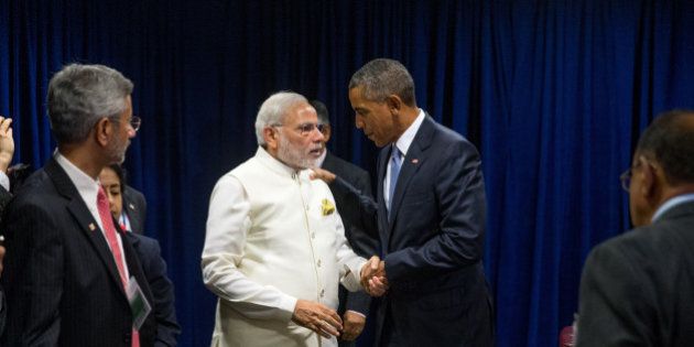 President Barack Obama and Indian Prime Minister Narendra Modi shake hands following a bilateral meeting, Monday, Sept. 28, 2015, at United Nations headquarters. (AP Photo/Andrew Harnik)
