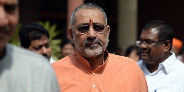 Indian Junior Minister for Micro, Small and Medium Enterprises Giriraj Singh leaves after a Bharatiya Janata Party (BJP) parliamentary committee meeting at parliament in New Delhi on April 21, 2015. The Land Acquisition Ordinance was tabled amid opposition protest in Lok Sabha on April 20. AFP PHOTO / PRAKASH SINGH (Photo credit should read PRAKASH SINGH/AFP/Getty Images)