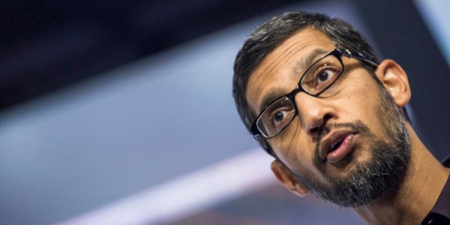 Sundar Pichai, chief executive officer of Google Inc., speaks during an event in San Francisco, California, U.S., on Tuesday, Sept. 29, 2015. Google unveiled its newest Nexus smartphones with Huawei and LG Electronics Inc. as it looks to blunt the growth of Apple Inc.'s iPhone. Photographer: David Paul Morris/Bloomberg via Getty Images