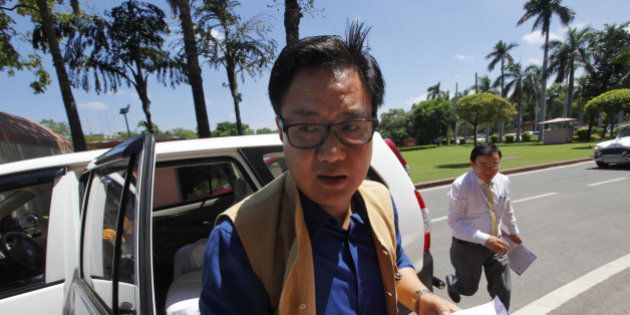 NEW DELHI, INDIA - JULY 27: Union Minister of State for Home Kiren Rijiju at Parliament House during the monsoon session on July 27, 2015 in New Delhi, India. Lok Sabha proceedings were repeatedly disrupted as the opposition once again raised the Lalit Modi and Vyapam issues, even as the speaker tried to conduct the business of the house. (Photo by Arvind Yadav/Hindustan Times via Getty Images)