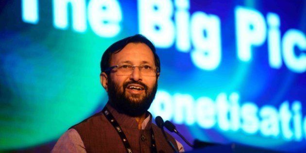 NEW DELHI, INDIA - SEPTEMBER 19: Prakash Javadekar, Minister Of State For Information & Broadcasting And Environment, Forest & Climate Change at inaugural session of CII big picture summit 2014 on September 19, 2014 in New Delhi, India. (Photo by Pradeep Gaur/Mint via Getty Images)