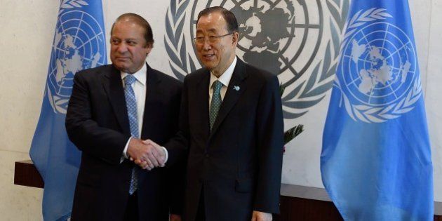 UN Secretary-General Ban Ki-moon (R) meets with Muhammad Nawaz Sharif, Prime Minister of Pakistan, on September 27, 2015 at the United Nations in New York. AFP PHOTO/DON EMMERT (Photo credit should read DON EMMERT/AFP/Getty Images)