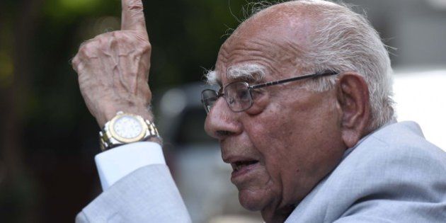 NEW DELHI, INDIA - AUGUST 23: Senior lawyer and BJP MP Ram Jethmalani addresses during a press conference, criticized the leaders from the government as well as other political parties, for referring to the Kashmir based groups leaders as separatists, at his residence on August 23, 2015 in New Delhi, India. Jethmalani said that it was gross misunderstanding to call Hurriyat leaders as separatists. In a sharp attack on the ruling government for not allowing the Pakistan High Commissioner to India to engage in talks with Hurriyat leader Syed Ali Shah Geelani. (Photo by Vipin Kumar/Hindustan Times via Getty Images)