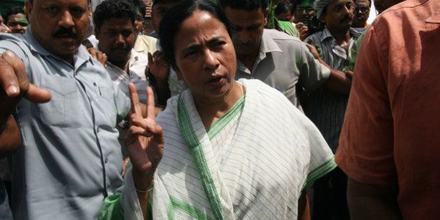 KOLKATA, INDIA ï¿½ JUNE 2: Railway minister and TMC chief Mamata Bannerjee with her supporters after the win.(Photo by Subir Halder/India Today Group/Getty Images)