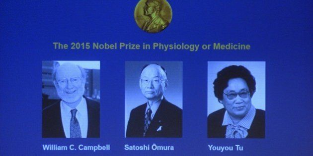 The portraits of the winners of the Nobel Medicine Prize 2015 (L-R) Irish-born William Campbell, Satoshi Omura of Japan and China's Youyou Tu are displayed on a screen during a press conference of the Nobel Committee to announce the winners of the 2015 Nobel Medicine Prize on October 5, 2015 at the Karolinska Institutet in Stockholm, Sweden. AFP PHOTO / JONATHAN NACKSTRAND (Photo credit should read JONATHAN NACKSTRAND/AFP/Getty Images)