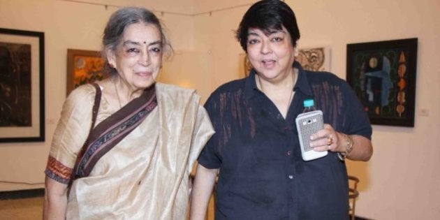 MUMBAI, INDIA - JULY 21: Lalita Lajmi with her daughter Kalpana Lajmi during an art event at Kala Ghoda on July 21, 2014 in Mumbai, India. (Photo by Prodip Guha/Hindustan Times via Getty Images)