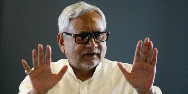 NEW DELHI, INDIA - AUGUST 19: JDU leader and Bihar Chief Minister Nitish Kumar during an interview at Hindustan Times House on August 19, 2015 in New Delhi, India. Aam Aadmi Party leader and Delhi Chief Minister Arvind Kejriwal will campaign against the Bharatiya Janata Party (BJP) in the run-up to the Bihar assembly polls. (Photo by Raj K Raj/Hindustan Times via Getty Images)