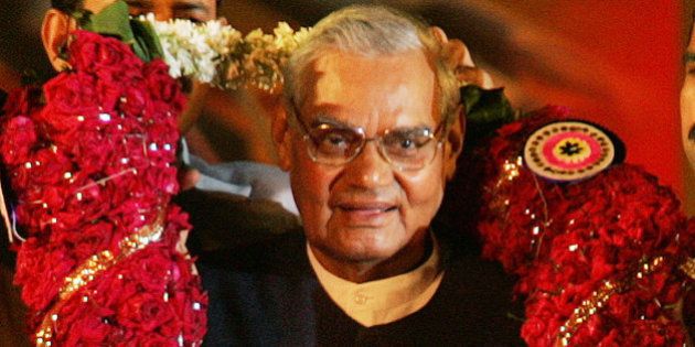 Former Indian Prime Minister Atal Bihari Vajpayee, and leader of Bharatiya Janta Party or BJP, is garlanded during the 25th anniversary celebration of the party in Bombay, India, Thursday, Dec. 29, 2005. Vajpayee told his supporters late Thursday that he will no longer fight an election. (AP Photo/Rajesh Nirgude)