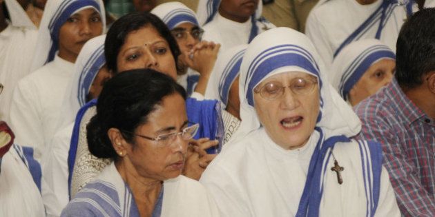 KOLKATA, INDIA - JUNE 23: West Bengal Chief Minister Mamata Banerjee arrives to pay her respect to Missionaries of Charity head Sister Nirmala, at ST Johns Church on June 23, 2015 in Kolkata India. The 81-year-old nun took over the running of the charity after Mother Teresa died in 1997 and ran it for 12 years before Sister Mary Prema took over in 2009. (Photograph by Subhankar Chakraborty/ Hindustan Times via Getty Images)