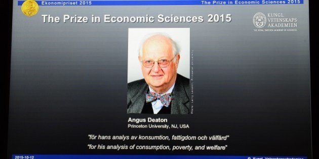 A portrait of US-British winner of the 2015 Nobel Economics Prize Angus Deaton is displayed on a tablet screen during a press conference at the Royal Swedish Academy of Sciences on October 12, 2015 in Stockholm. The economics prize is the only Nobel not originally included in Alfred Nobel's last will and testament. It was established in 1968 by the Swedish central bank to celebrate its tricentenary. AFP PHOTO / JONATHAN NACKSTRAND (Photo credit should read JONATHAN NACKSTRAND/AFP/Getty Images)