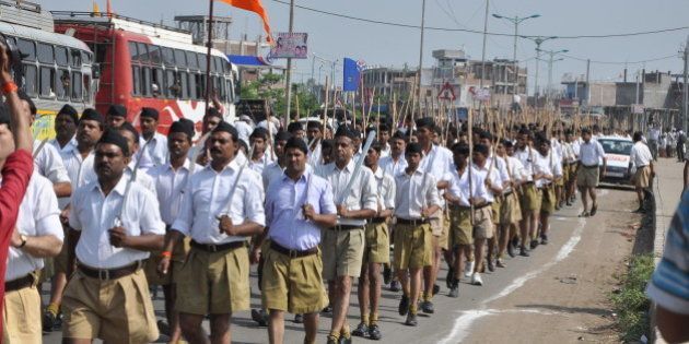 BHOPAL, INDIA - OCTOBER 3: RSS activists taking out Path Sanchalan on the occasion of Dussehra on October 3, 2014 in Bhopal, India. RSS was formed on Vijayadashami in 1925. Since then, RSS all over India have been taking out a rally on Dusshera/Vijayadashami. RSS chief Mohan Bhagwat address on Vijaydashmi was telecast on state broadcaster Doordarshan drawing much flak from opposition parties Congress and Communist Party of India (Marxist), or CPM. (Photo by Praveen Bajpai/Hindustan Times via Getty Images)