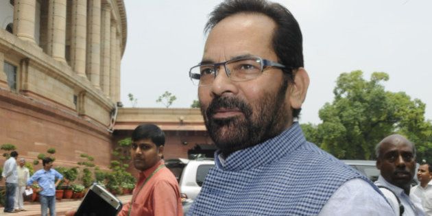 NEW DELHI, INDIA - AUGUST 10: Minister of State for Parliamentary Affairs Mukhtar Abbas Naqvi at Parliament during the monsoon session on August 10, 2015 in New Delhi, India. The government will tomorrow bring the much-awaited bill on GST for passage in the Rajya Sabha even as doubts persist if the opposition Congress will allow passage of the Constitution Amendment Bill. (Photo by Sonu Mehta/Hindustan Times via Getty Images)