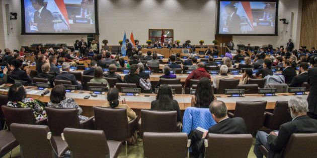 UNITED NATIONS, NEW YORK, UNITED STATES - 2015/10/02: Attendees of the event fill the UN's Conference Room 1. A special event organized by the Permanent Mission of India to the United Nations was convened to celebrate the International Day of Non-Violence, marking the birthday of Mahatma Gandhi and his legacy. (Photo by Albin Lohr-Jones/Pacific Press/LightRocket via Getty Images)