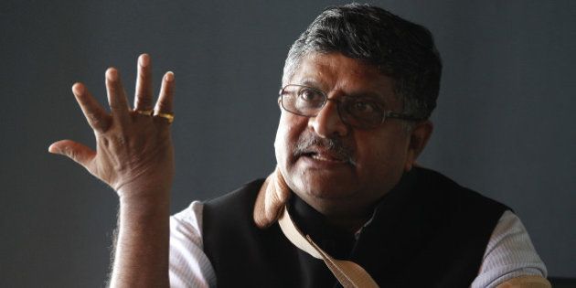 NEW DELHI, INDIA - APRIL 17: Union Minister for Communications and IT Ravi Shankar Prasad during an exclusive interview at HT Office on April 17, 2015 in New Delhi, India. (Photo by Arvind Yadav/Hindustan Times )