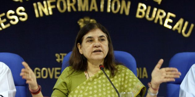 NEW DELHI, INDIA - SEPTEMBER 17: Union Women and Child Development Minister Maneka Gandhi addressing a press conference on the completion of 100 days of her ministry at PIB on September 17, 2014 in New Delhi, India. With many incidents of child abusegoing unreported, a drive will be launched to sensitise children to express if they encounter any inappropriate touch, request or demands, even in writing if they are not comfortable orally. (Photo by Raj K Raj/Hindustan Times via Getty Images)