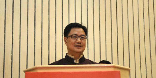 NEW DELHI, INDIA - SEPTEMBER 28: Kiren Rijiju, Minister of State for Home Affairs, addresses the National Disaster Management Authorityâs (NDMA) 11th Formation Day at Vigyan Bhawan on September 28, 2015 in New Delhi, India. (Photo by Sonu Mehta/Hindustan Times via Getty Images)
