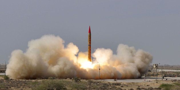 PAKISTAN - NOVEMBER 13: The Pakistani Military launches an intermediate-range nuclear-capable ballistic missile Shaheen-II, also known as Hatf-VI, with a range of 1,500 kilometers (900 miles) from an undisclosed location in Pakistan on November 13, 2014. The test fire hit its target in the Arabian Sea, which is the northern part of the Indian Ocean. (Photo by Inter Services Public Relations (ISPR)/Anadolu Agency/Getty Images)