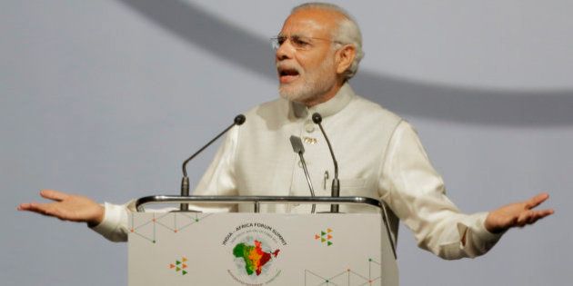 Indian Prime Minister Narendra Modi makes the opening speech during the India Africa Forum Summit at the Indira Gandhi sports complex in New Delhi, India, Thursday, Oct. 29, 2015. More than 40 African leaders are in New Delhi to attend the IAFS 2015, preceded by meetings of trade and foreign ministers from nearly all 54 African nations, to explore how Indian investment and technology can help a resurgent Africa face its development challenges. (AP Photo/Bernat Armangue)