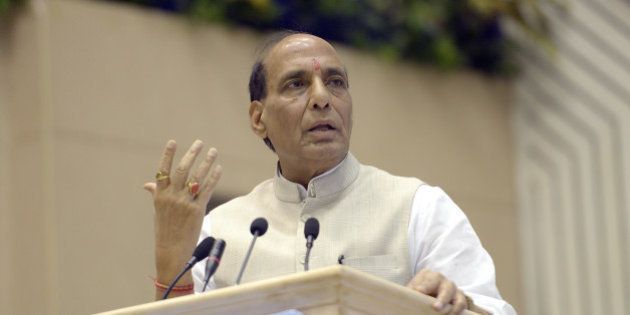 NEW DELHI,INDIA AUGUST 24: Home Minister Rajnath Singh at the inauguration of the birth centenary of Rani Gaidinliu, in New Delhi.(Photo by Yasbant Negi/India Today Group/Getty Images)
