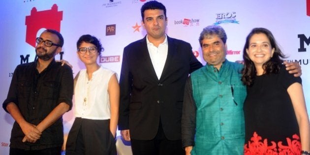 (L/R): Indian Bollywood personalities Dibarkar Banerjee, Kiran Rao, Siddharth Roy Kapur, Vishal Bhardwaj, Anupama Chopra pose at the launch of The Jio MAMI Mumbai Film Festival (MAMI) in Mumbai on October 7, 2015. AFP PHOTO/STR (Photo credit should read STRDEL/AFP/Getty Images)