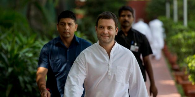 India's main opposition Congress party vice president Rahul Gandhi arrives for the Congress Working Committee (CWC) meeting at the party headquarters in New Delhi, India, Tuesday, Sept. 8, 2015. The CWC is the highest decision making body of the Congress party. (AP Photo/Manish Swarup)