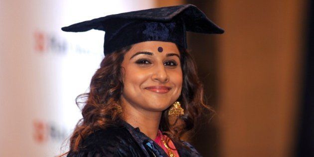 Indian Bollywood actress Vidya Balan looks on as she is given an honorary doctorate for her contribution to Indian cinema at Rai University in Mumbai late on June 1, 2015. AFP PHOTO (Photo credit should read STR/AFP/Getty Images)