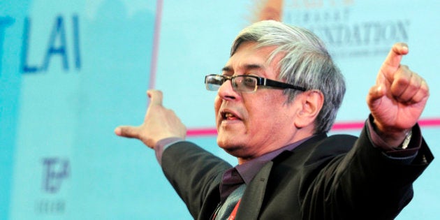 JAIPUR, INDIA - JANUARY 23: Indian economist Bibek Debroy at session on 'the Conflict of Dharma in the Mahabharata' at the Jaipur Literature festival at Diggi Palace on January 23, 2015 in Jaipur, India. One of the largest literary festival on earth, the Jaipur Literature Festival brings together some of the greatest thinkers and writers from across South Asia and the world. (Photo by Mohd Zakir/Hindustan Times via Getty Images)