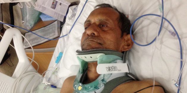 In this Saturday, Feb. 7, 2015 photo released by Chirag Patel, Sureshbhai Patel is shown in a bed at Huntsville Hospital in Huntsville, Ala. An officer with the Madison Police Department has been arrested and faces termination following a confrontation in which the 57-year-old Indian grandfather was injured. (AP Photo/Chirag Patel)