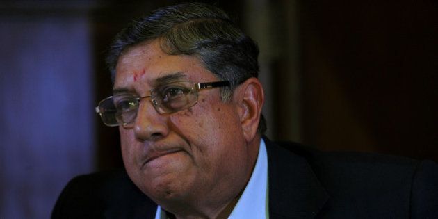 President of the Board of Control for Cricket in India (BCCI), N. Srinivasan addresses a press conference in Kolkata on May 26, 2013. Indian police have arrested the son-in-law of the country's cricket chief in a spot-fixing probe as the government announced Saturday a new law to crack down on cheating in sport. AFP PHOTO (Photo credit should read STR/AFP/Getty Images)