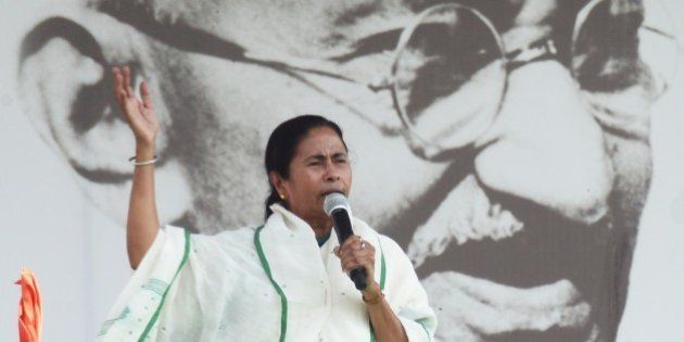 NEW DELHI, INDIA - MARCH 12: TMC Chief and West Bengal Chief Minister Mamata Banerjee addresses rally at Ramlila ground on March 12, 2014 in New Delhi, India. Anna Hazare skipped the rally. (Photo by Ramesh Pathania/Mint via Getty Images)