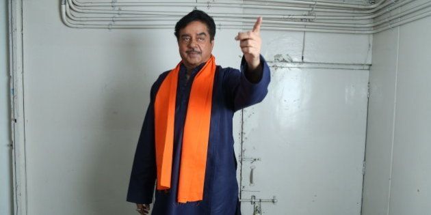 NEW DELHI, INDIA APRIL 19: Bollywood actor Shatrughan Sinha poses for photographers before his on-stage comic play, Pati, Patni aur Main on April 19, 2015 in New Delhi, India. (Photo by Raajessh Kashyap/Hindustan Times via Getty Images)