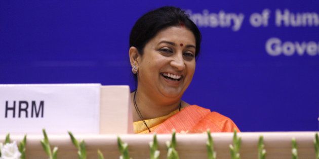 NEW DELHI, INDIA - SEPTEMBER 8: Union Minister of Human Resource Development Smriti Irani during the celebration of International Literacy Day at Vigyan Bhawan on September 8, 2015 in New Delhi, India. (Photo by Virendra Singh Gosain/Hindustan Times via Getty Images)
