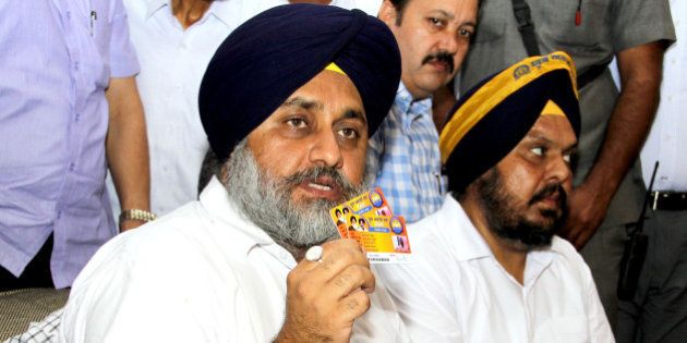 BATHINDA, INDIA - MAY13: Deputy Chief Minister of Punjab Sukhbir Singh Badal launch a state-wide general membership in youth Akali Dal on May 13, 2015 in Bathinda, India. (Photo by Sanjeev Kumar/Hindustan Times via Getty Images)