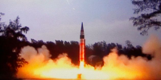 In this image made from Indian Ministry of Defense, India's the Agni-V missile is launched from Wheeler Island off India's east coast, Thursday, April 19, 2012. India announced Thursday that it had successfully test launched a new nuclear-capable missile that would give it, for the first time, the capability of striking the major Chinese cities of Beijing and Shanghai. (AP Photo/Ministry of Defense via AP Video) TV OUT