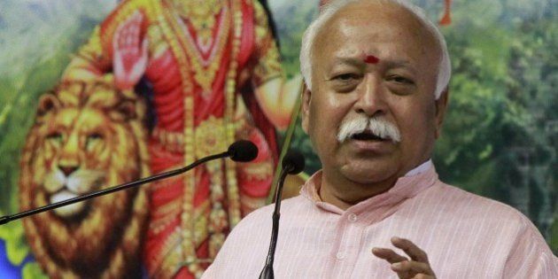 NEW DELHI, INDIA - NOVEMBER 22: Rashtriya Swayamsevak Sangh (RSS) Chief Mohan Bhagwat speaks during the condolence meeting of former Vishwa Hindu Parishad (VHP) President Ashok Singhal, in New Delhi, India, on Sunday, November 22, 2015. Singhal died at the age of 89 on November 17, 2015. Bhagwat said, âAshok ji was a pillar of unity and strength for Hindus. He has not gone but is still there in us in our memories and will continue to guide us.â (Photo by Sanjeev Verma/Hindustan Times via Getty Images)