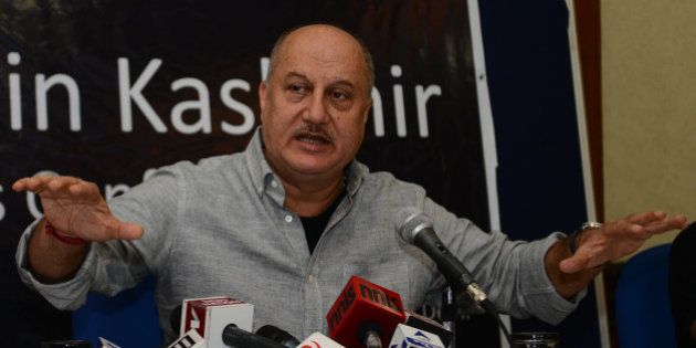 NEW DELHI,INDIA APRIL 12: Bollywood actor Anupam Kher addressing a Press Conference regarding the return of Kashmiri Pandits to Kashmir in New Delhi.(Photo by Praveen Negi/India Today Group/Getty Images)