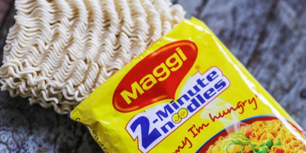 An open packet of Maggi 2-Minute Noodles, manufactured by Nestle India Ltd., are arranged for a photograph inside a general store in Mumbai, India, on Tuesday, June 2, 2015. Nestle, one of India's biggest processed food makers, slid to the lowest in a month after a complaint was filed in a local court over lead levels in its Maggi instant noodles. Photographer: Dhiraj Singh/Bloomberg via Getty Images