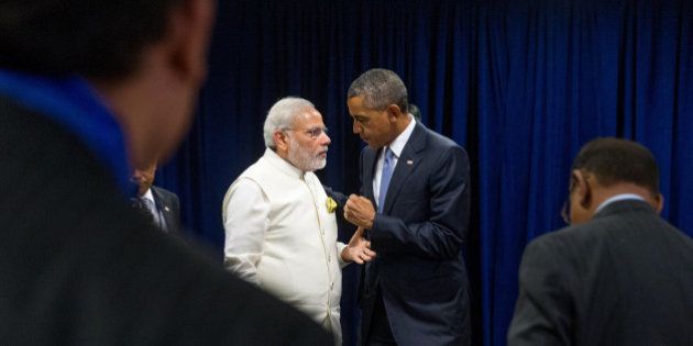 President Barack Obama and Indian Prime Minister Narendra Modi speak following a bilateral meeting, Monday, Sept. 28, 2015, at United Nations headquarters. (AP Photo/Andrew Harnik)