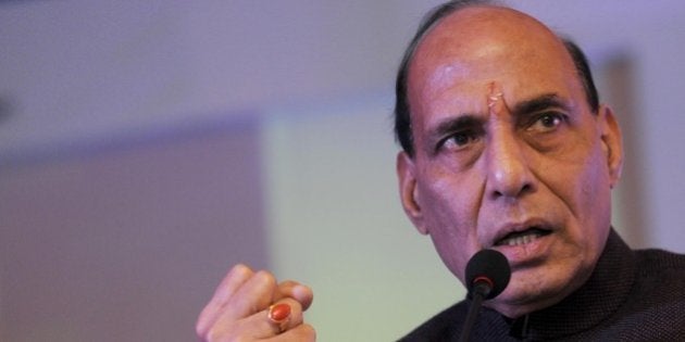 NEW DELHI, INDIA - NOVEMBER 28: Union Minister of Home Affairs Rajnath Singh during an inauguration of the 110th Annual Session of PHD Chamber of Commerce and Industry on November 28, 2015 in New Delhi, India. Singh said that the country cannot develop until it is secure, thus security is the first condition for development. He also emphasized upon the spiritual development along with economic development for the comprehensive development of personality of an individual. (Photo by Saumya Khandelwal/Hindustan Times via Getty Images)